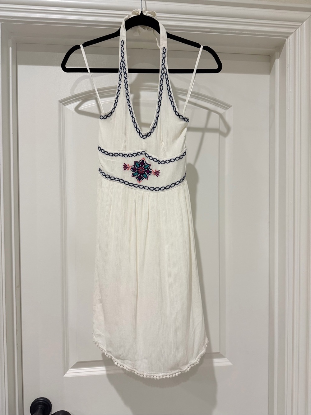 Hollister White Halter Mini Dress with Navy Trim and Embroidered Accent